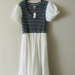 Maeve Navy and White Striped  midi Dress